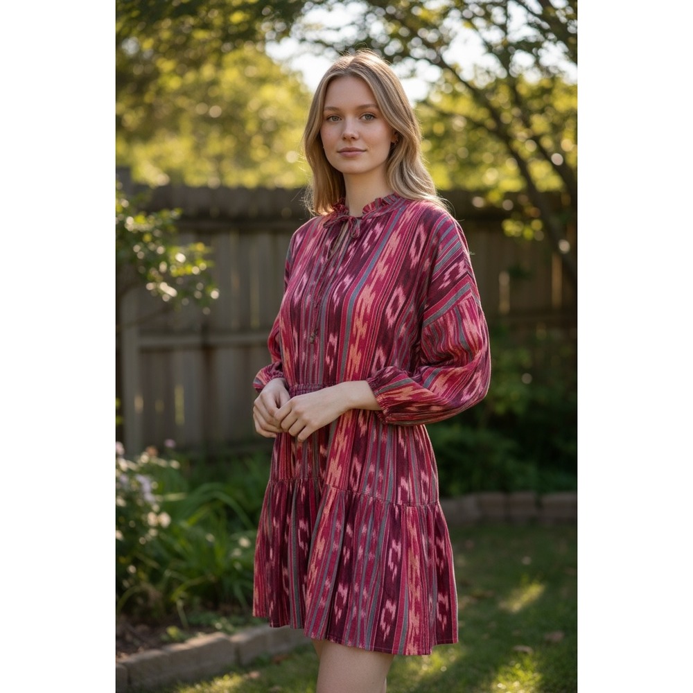 Lauren Ralph Lauren Ikat Print Tiered Mini Dress Cotton Red Multicolor 10 NWT